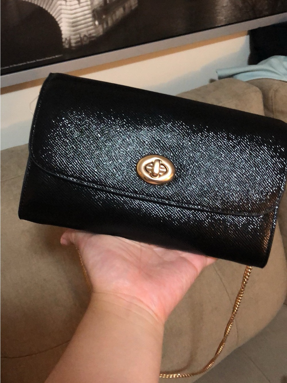 Coach- Black Crossbody Chain Wallet with Gold Turn-Lock